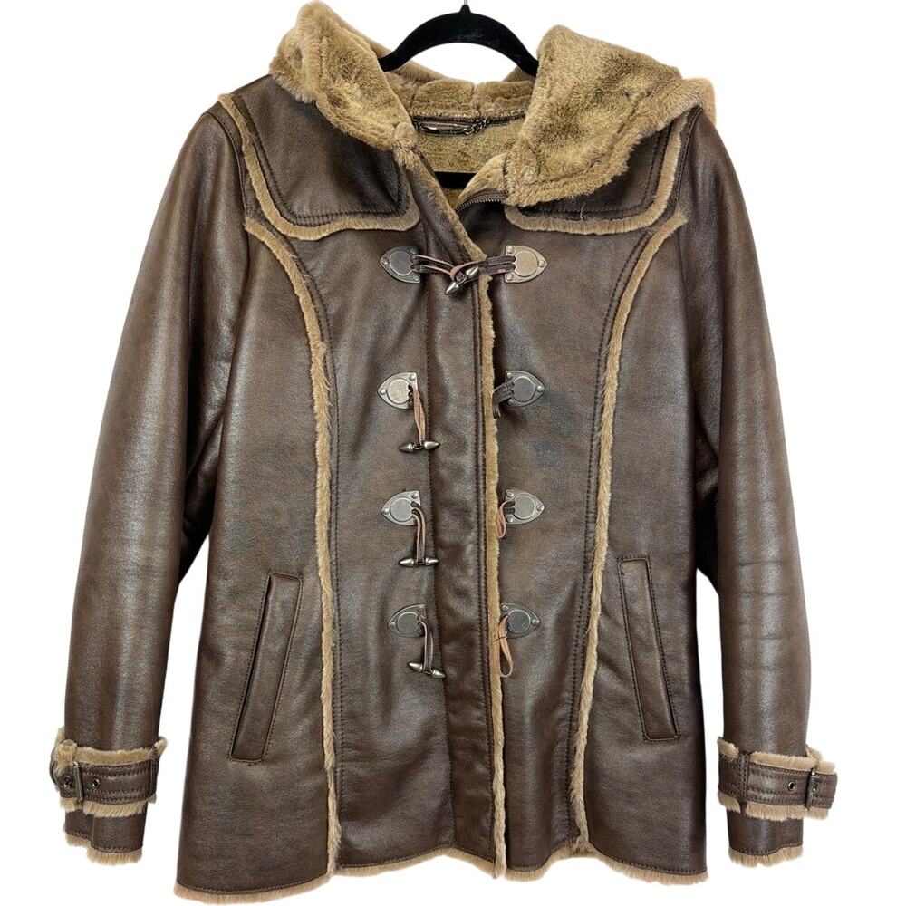 Laundry by Shelli Segal Brown Faux Fur Trim Hooded Toggle Jacket
